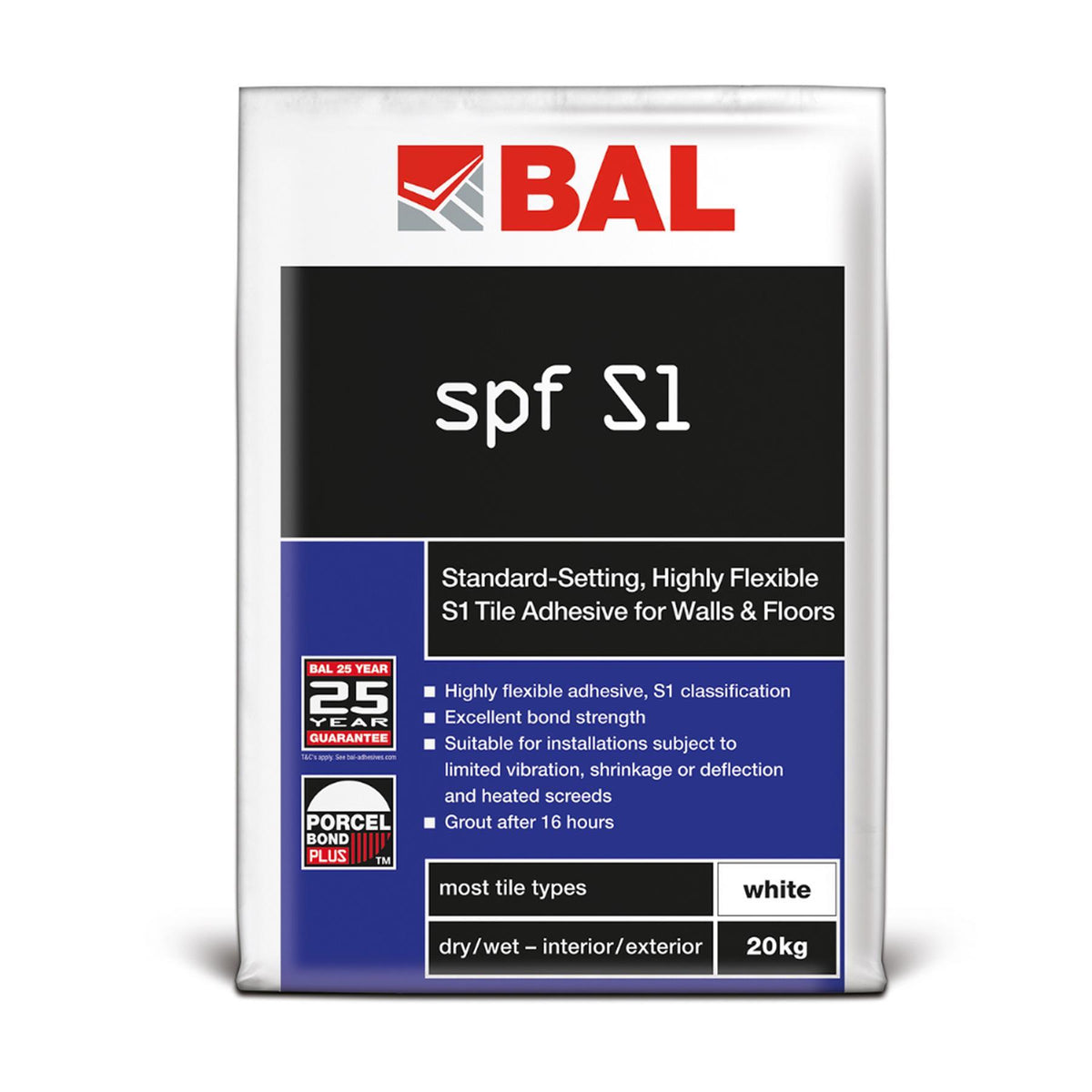 BAL SPF S1 White Flexible Tile Adhesive 20kg (50 Bags)
