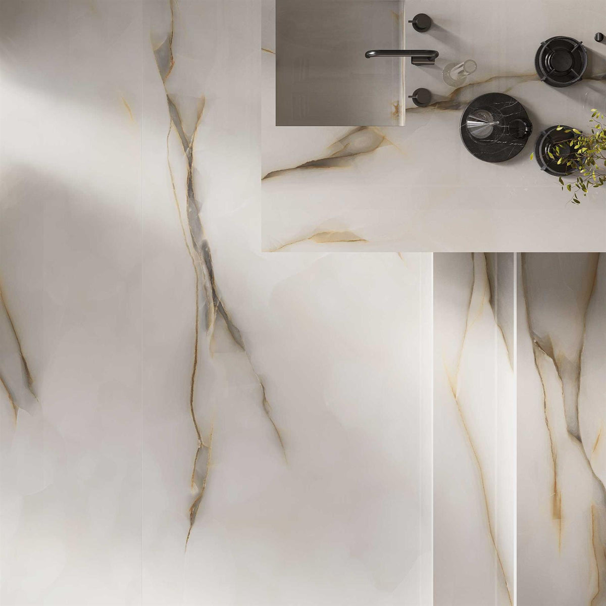 Marble Effect Pearl White Polished Onyx Porcelain Tile 1200x600mm (1020PLP)