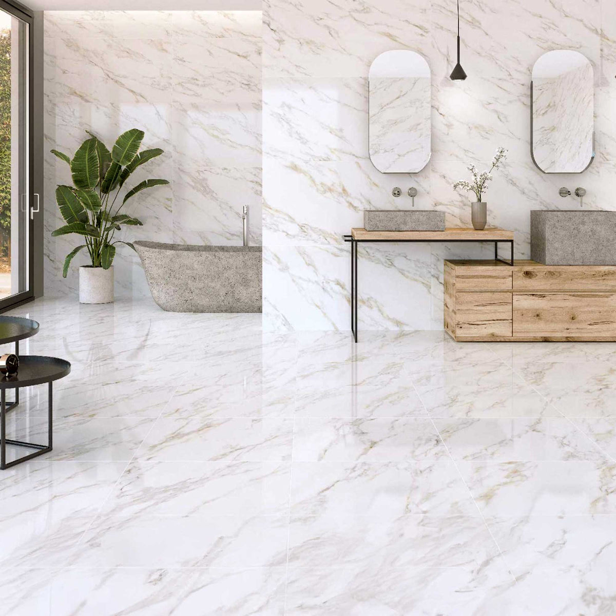 Bathroom with marble-like flooring and walls, featuring a bathtub and vanity area.