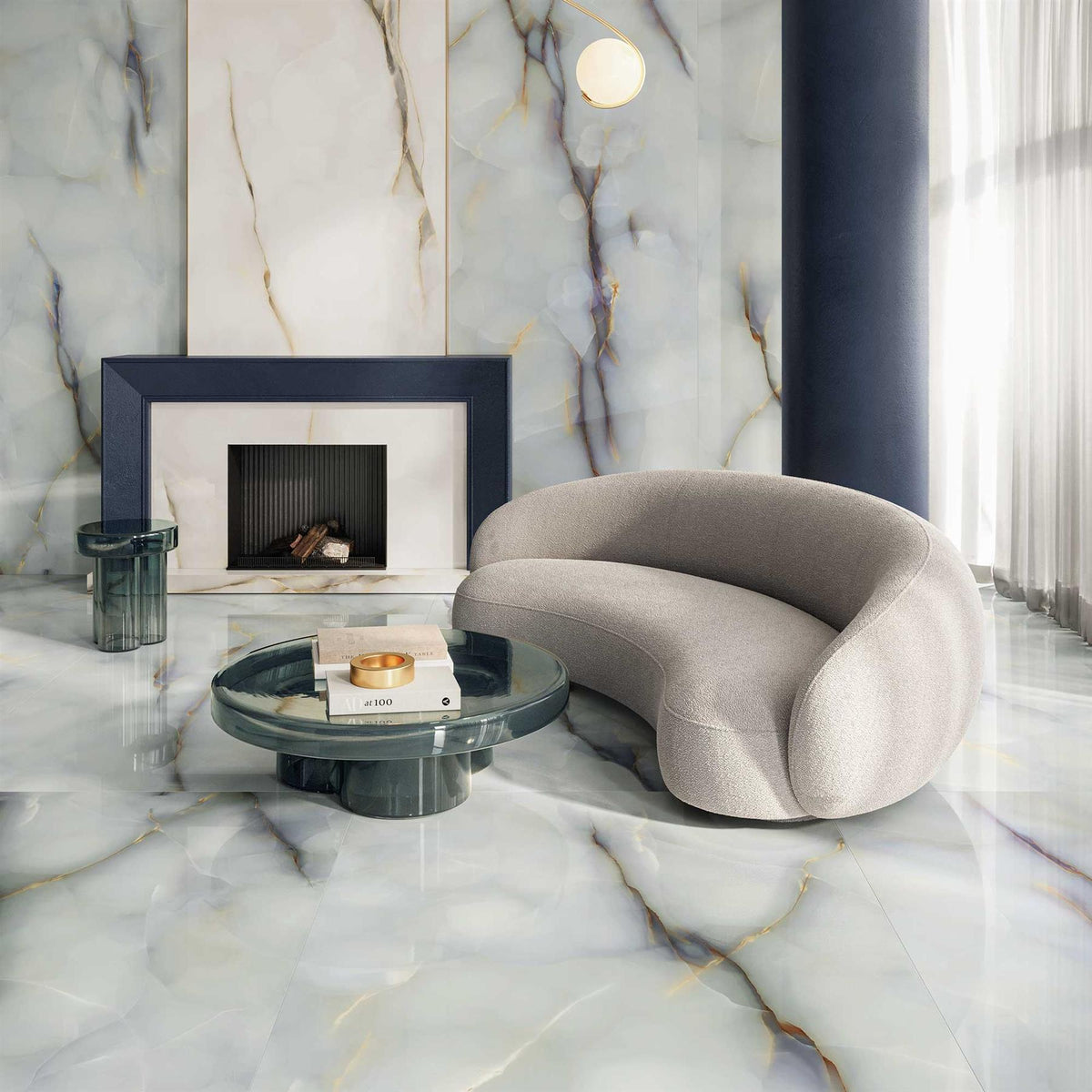 Marble Effect Pearl Blue Polished Onyx Porcelain Tile 1200x600mm (1020BP)