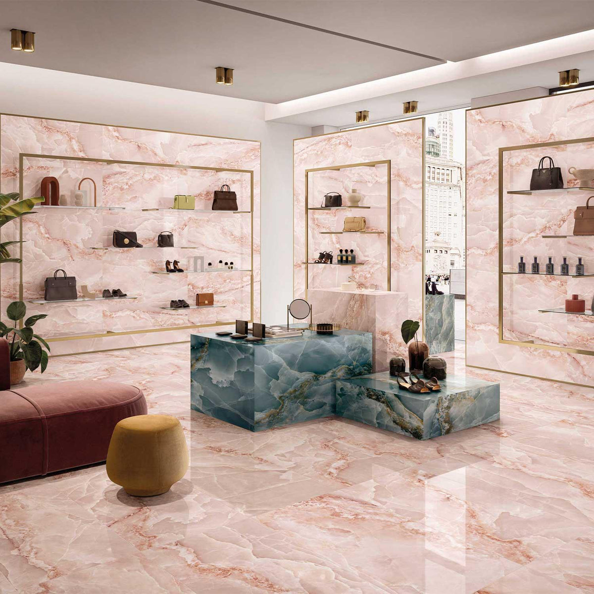 Marble Effect Pink Onyx Porcelain Tile Polished 600x1200mm (1003)