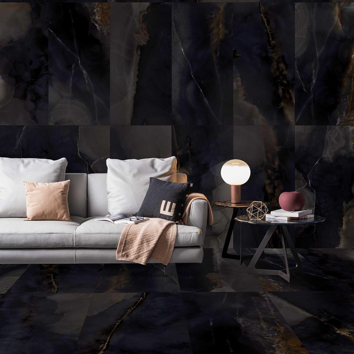 Marble Effect Black Onyx Porcelain Tile Polished 600x1200mm (1003)