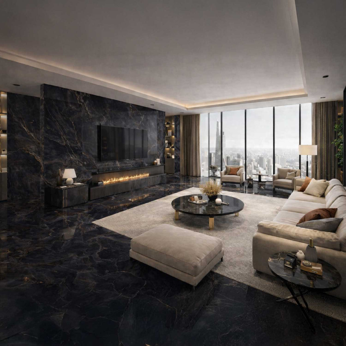 Marble Effect Black Onyx Porcelain Tile (Matt) 600x1200mm (1004)