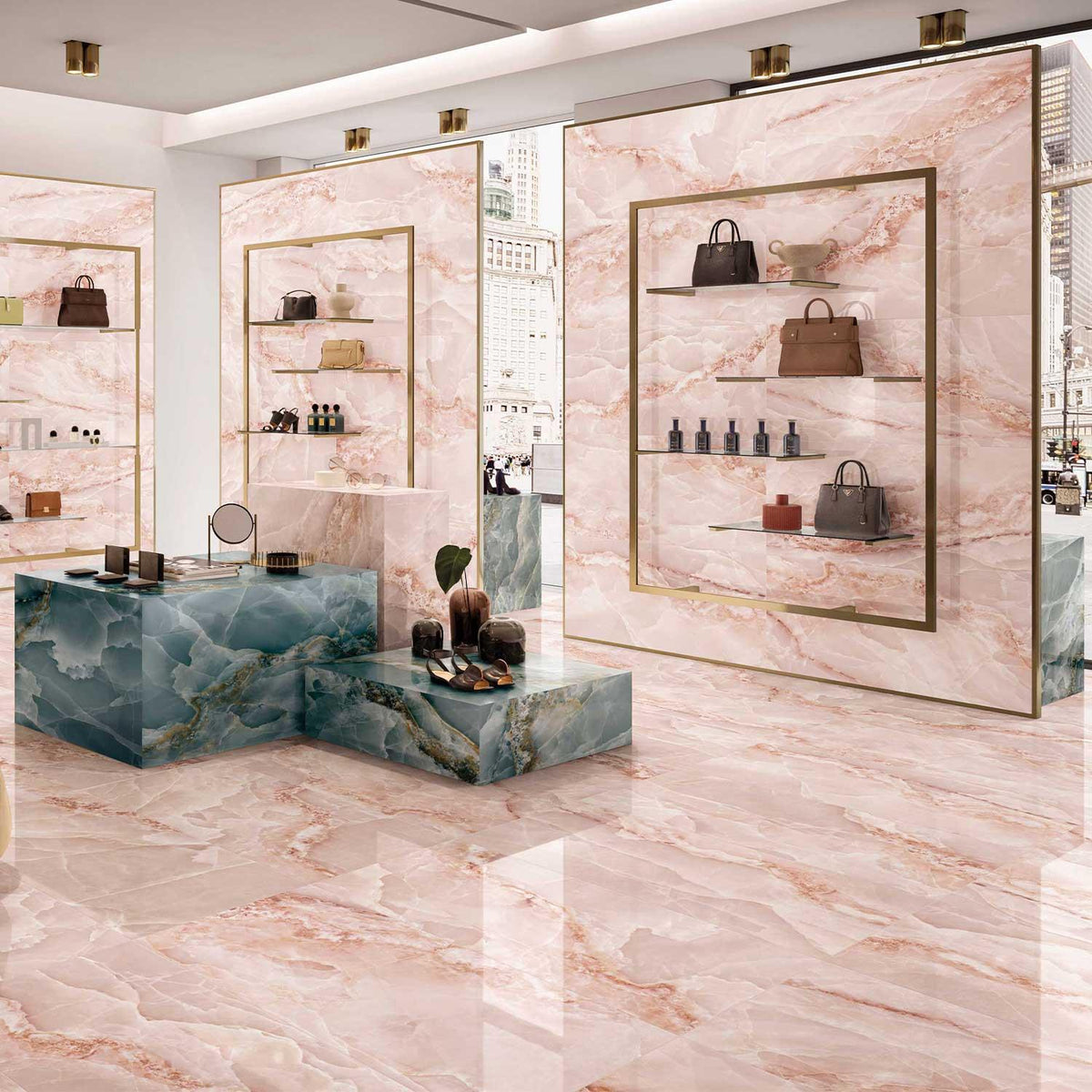 Pink Marble Effect Large Format Onyx Porcelain Tiles (Matt)600x1200mm (1005)