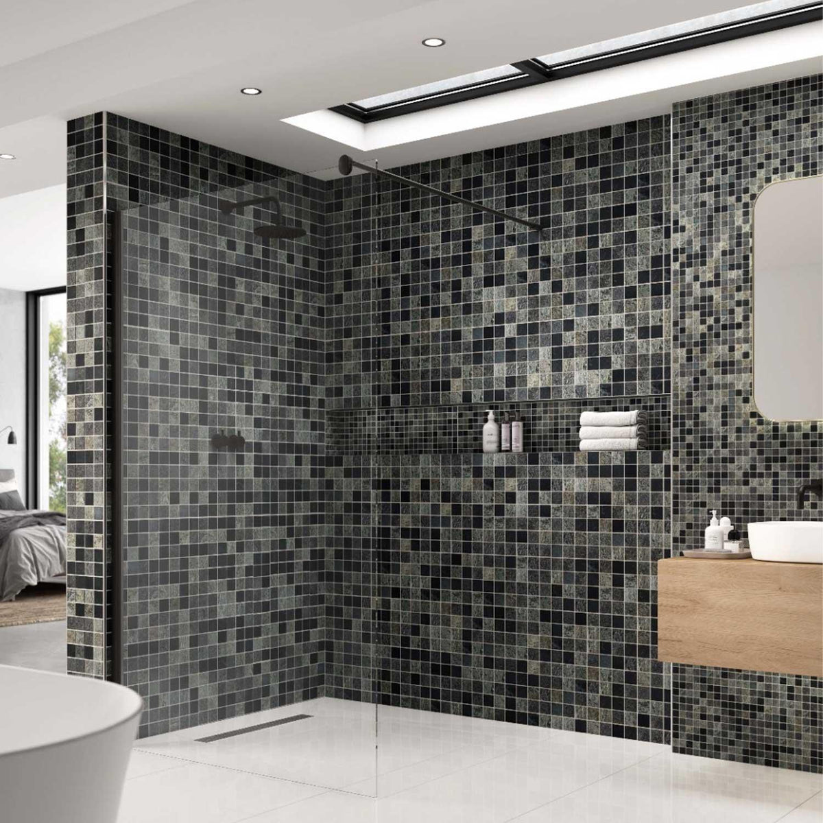 Slate-Lava-Sea Stone Mosaic Tile Bathroom Wet Room (50x50mm) 1000 x 500mm Roll 1006-952
