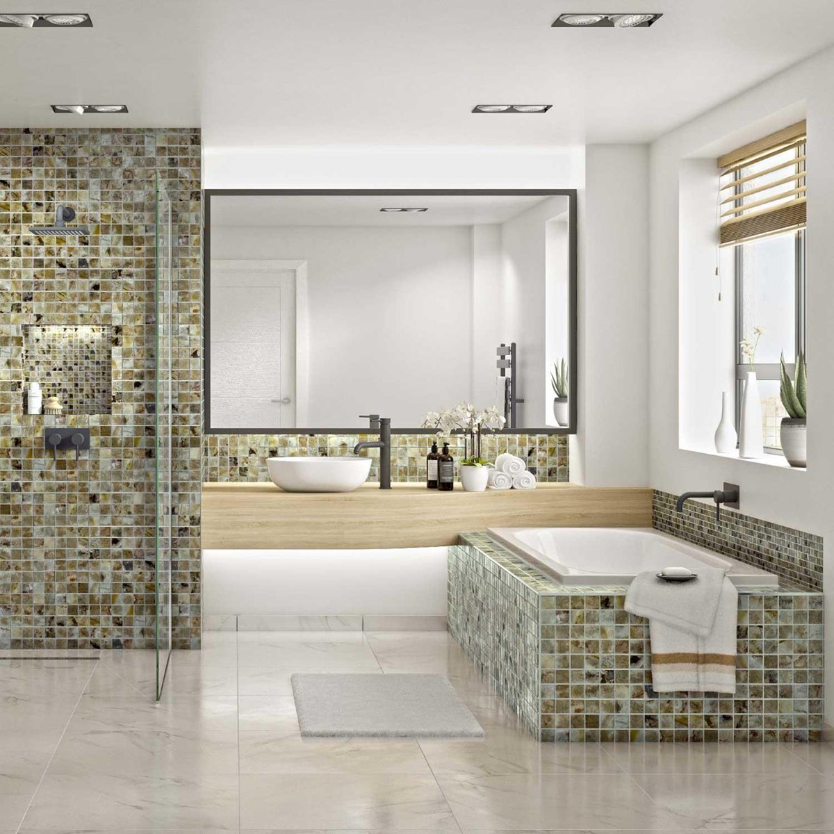 Beige Mosaic Tile Bathroom Wet Room (50x50mm) 1000 x 500mm Roll 1006-901