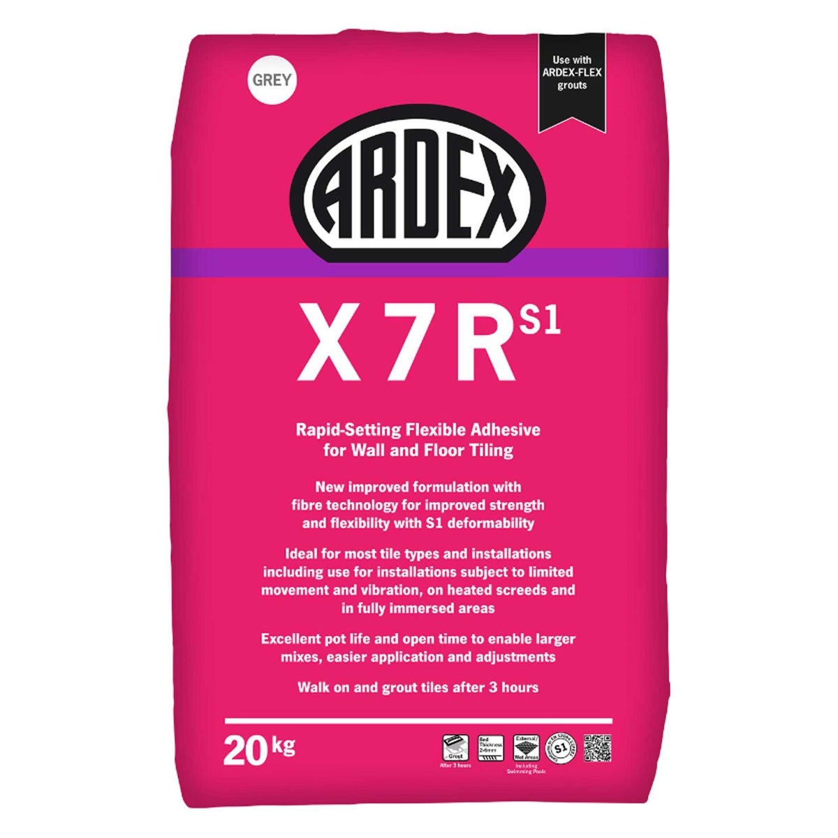 Ardex X7RS1 Rapid Set Tile Adhesive Grey 20kg (50 Bags)