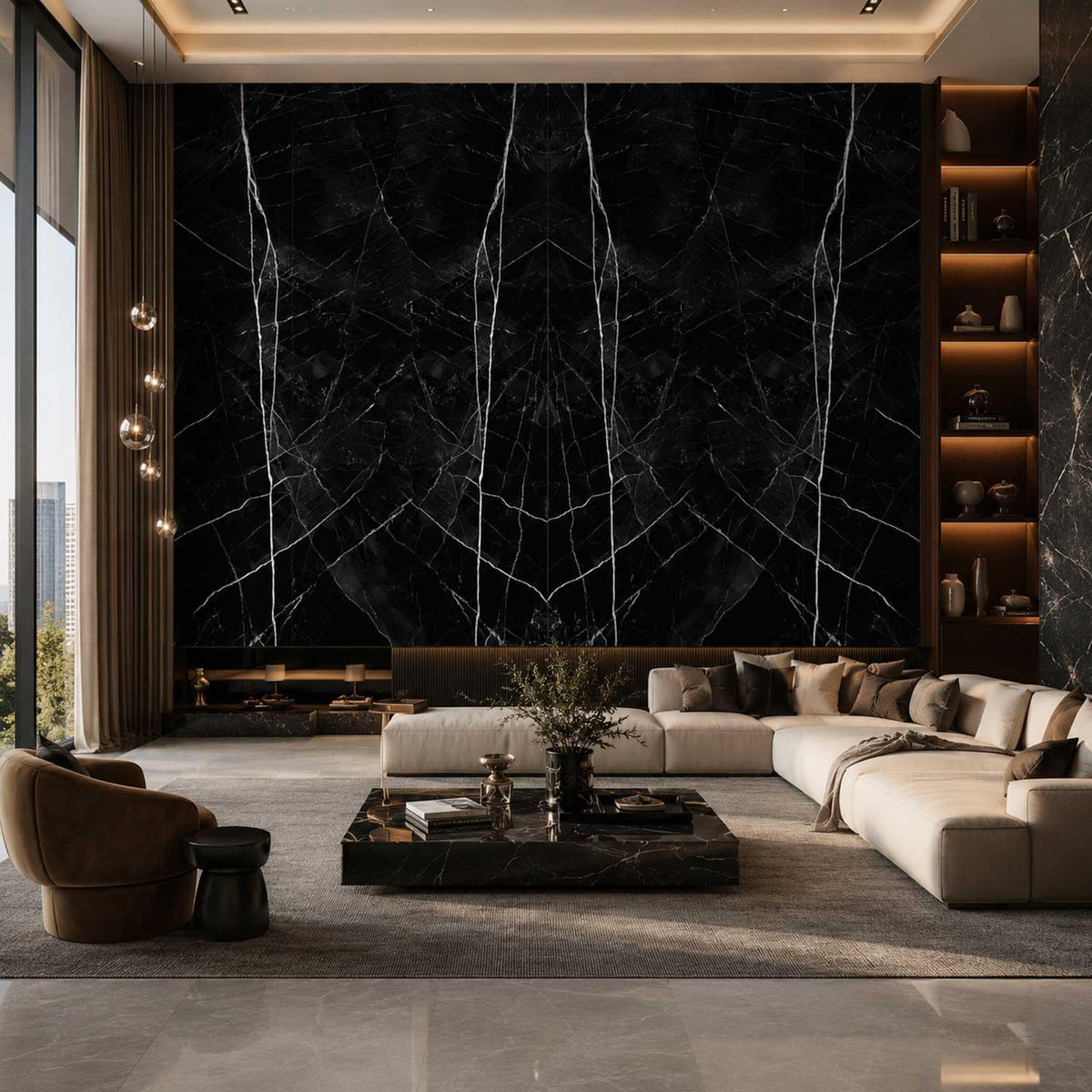 Polished Bookmatch Slab Calacatta Black Porcelain 3200×1620mm