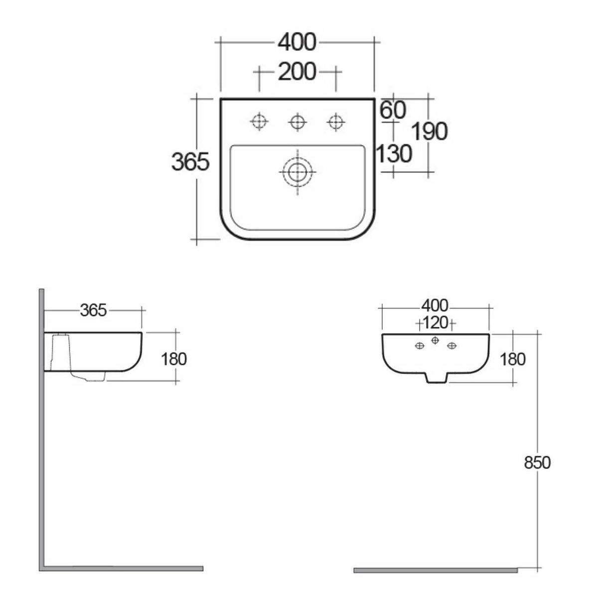 RAK Series 600 Wash Basin 40cm Wall Mount White (1 & 2 Tap Hole)