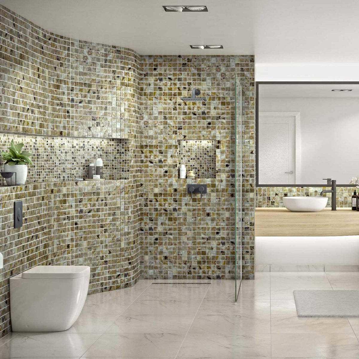 Beige Mosaic Tile Bathroom Wet Room (50x50mm) 1000 x 500mm Roll 1006-901