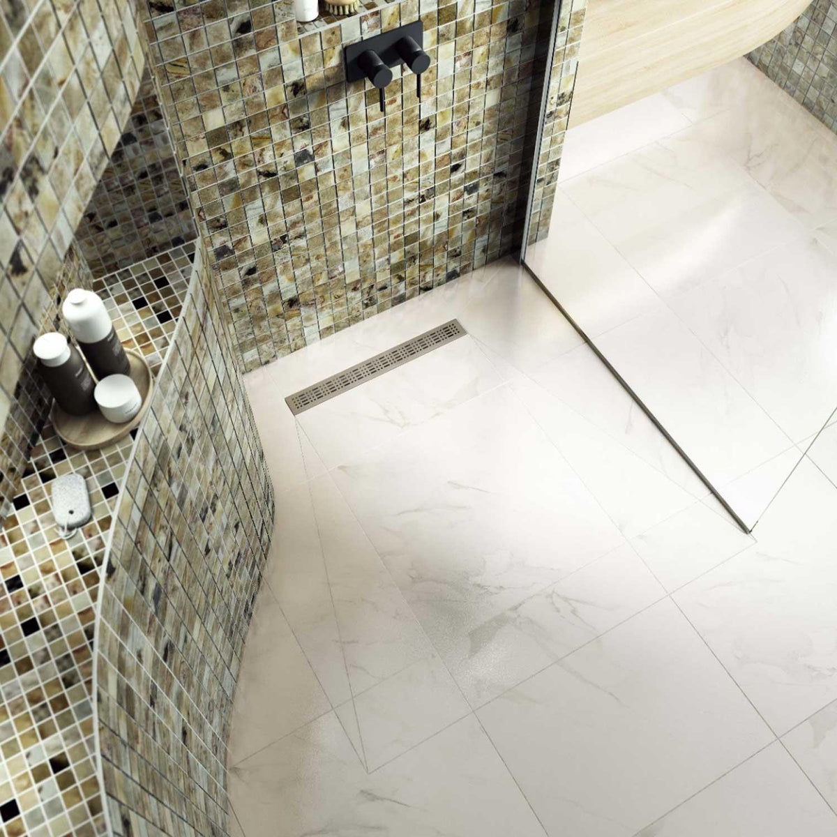Beige Mosaic Tile Bathroom Wet Room (50x50mm) 1000 x 500mm Roll 1006-901