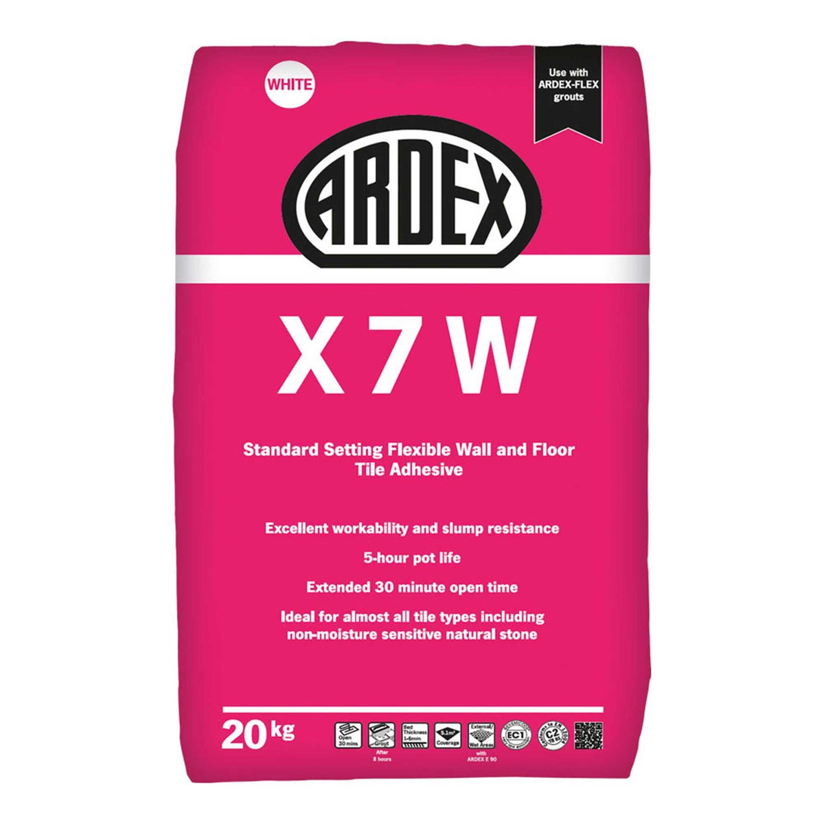 ARDEX X 7 Flexible Cement-Based Tile Adhesive White 20kg (50 Bags)
